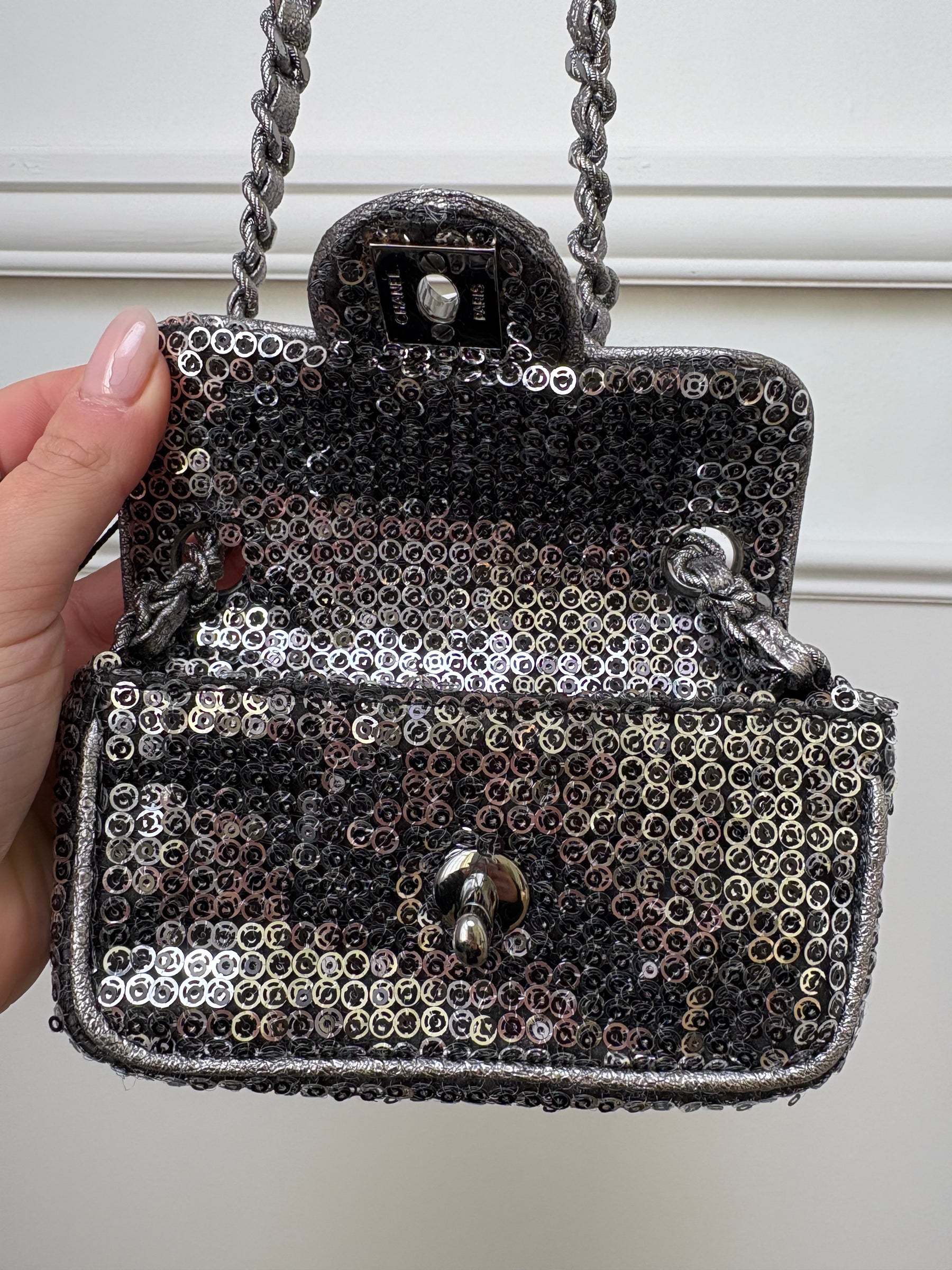 Chanel Pewter and Silver Hidden Sequin Micro Flap bag