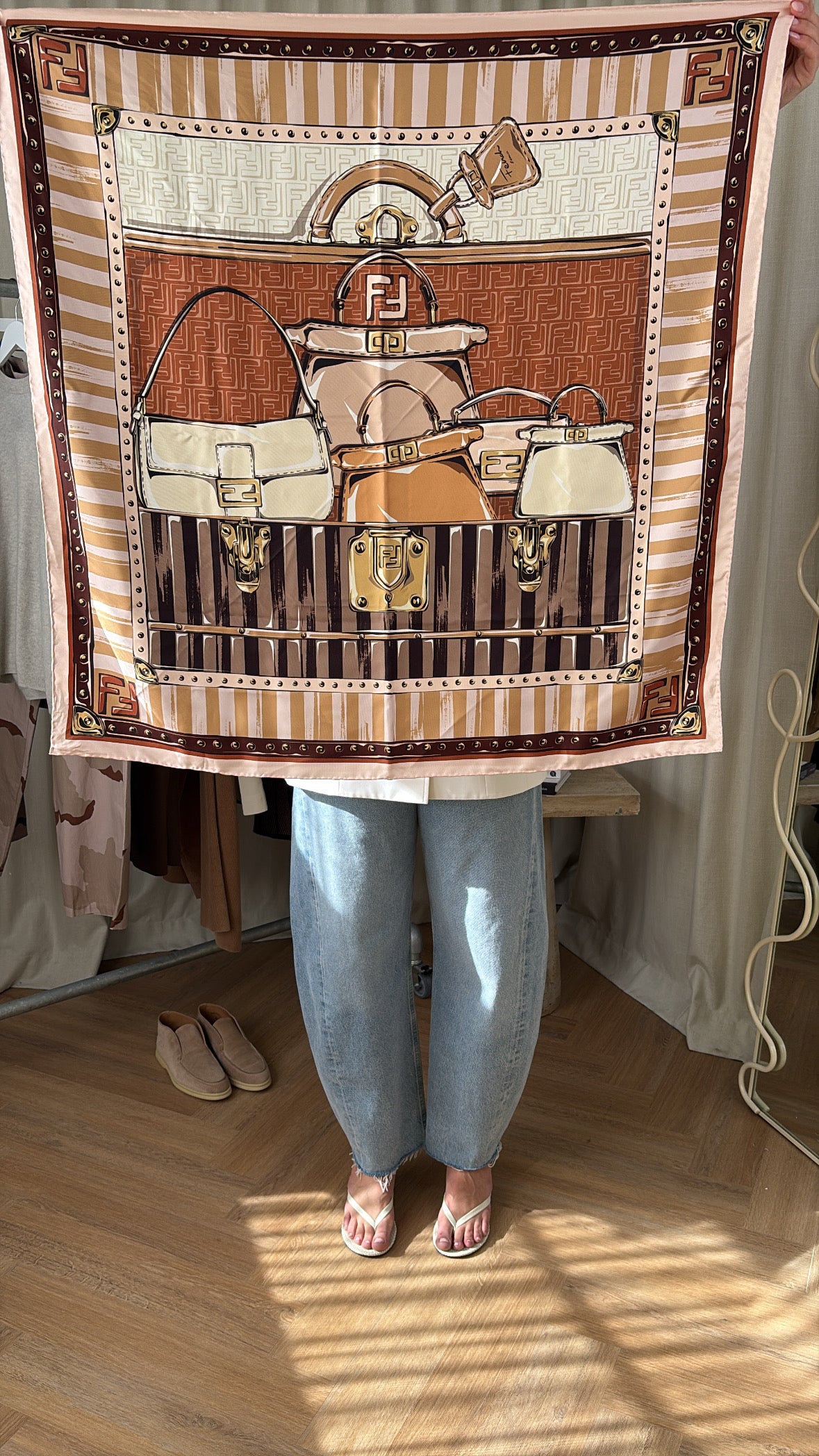Fendi Brown Pink Monogram Peekaboo Print Silk Scarf 90
