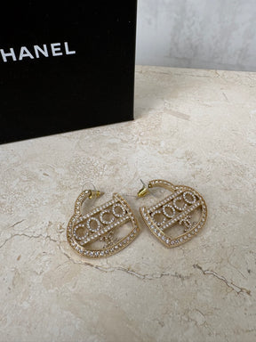 Chanel Coco Mark Heart Shaped Hoop Earrings With Rhinestones