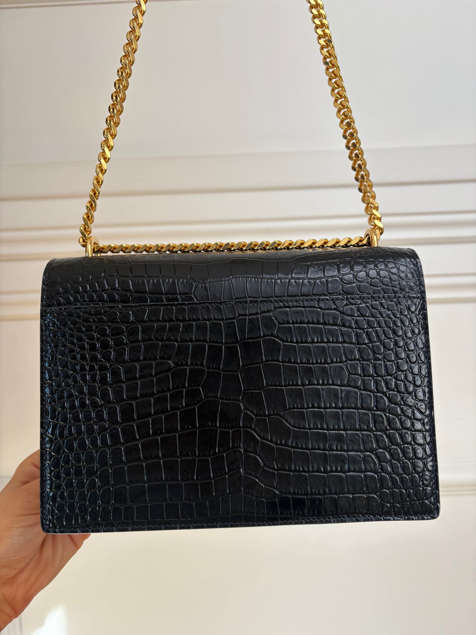 Saint Laurent Black Croc Embossed Sunset Bag