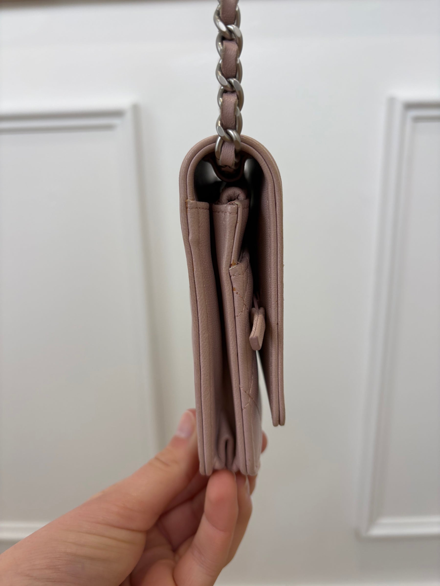 Chanel Baby Pink Iridescent Leather Boy Wallet On Chain