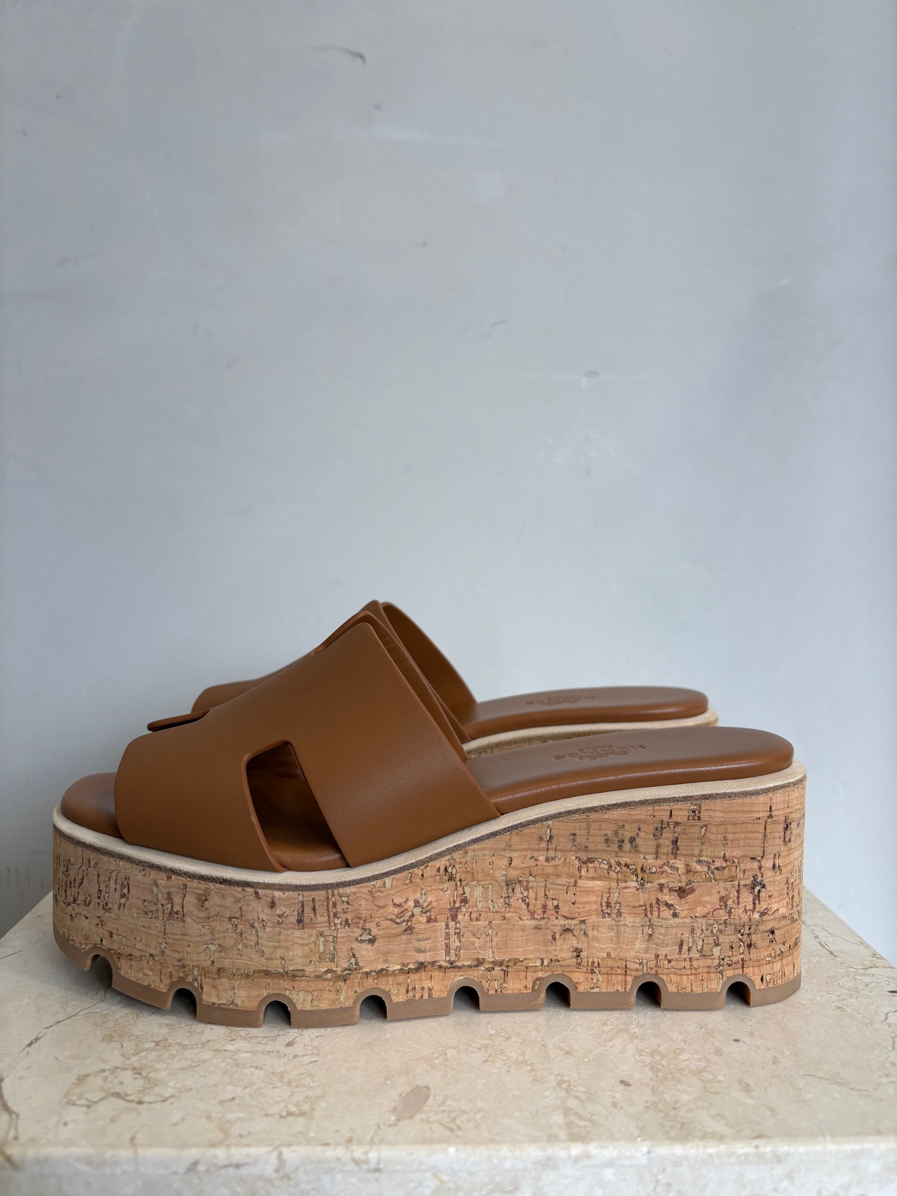Hermès Tan Leather Eze Wedged Mules, 36