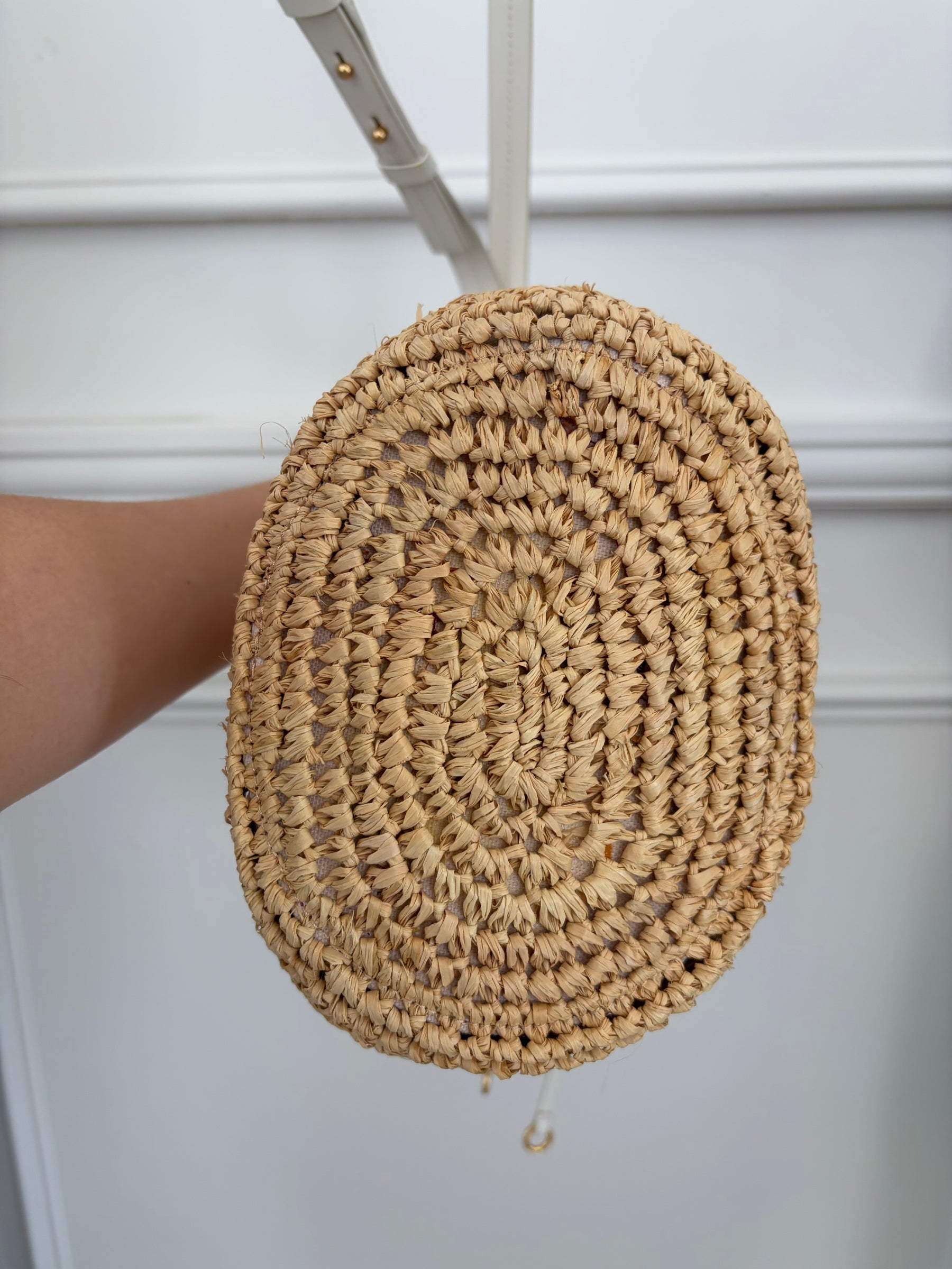 Oroton Raffia and Cream Leather Bucket Bag