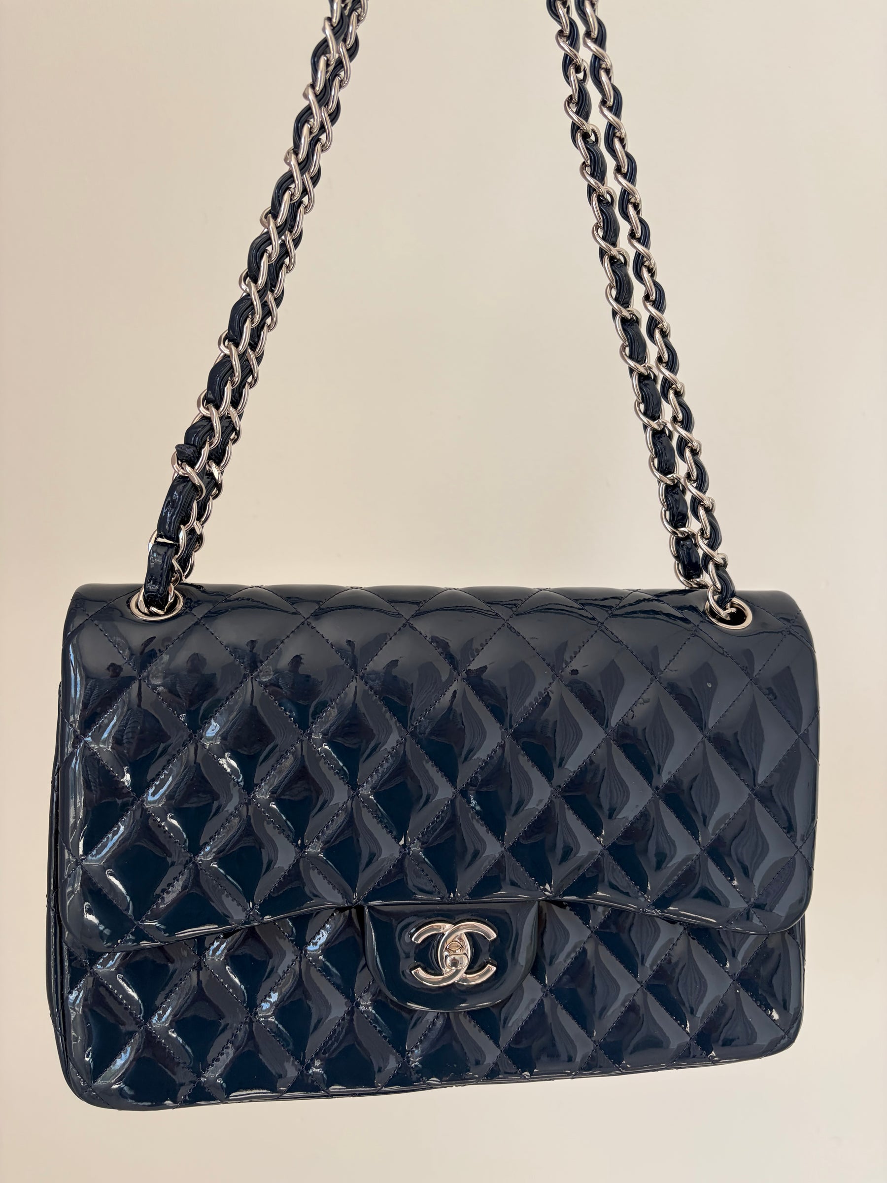 Chanel Navy Blue Patent Leather Jumbo Flap Bag