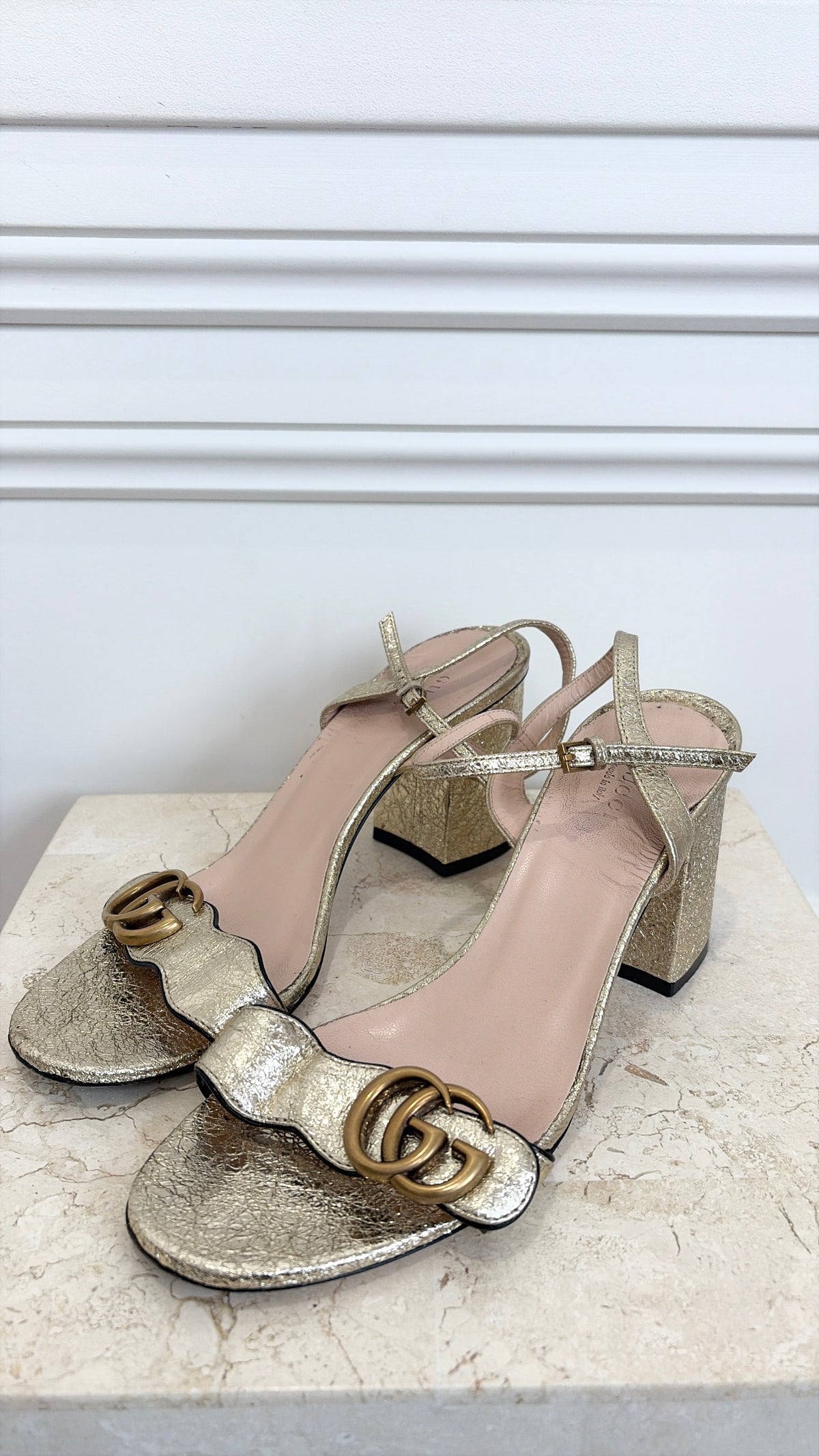 Gucci Gold Crinkled Leather Marmont Block Heels, 38.5