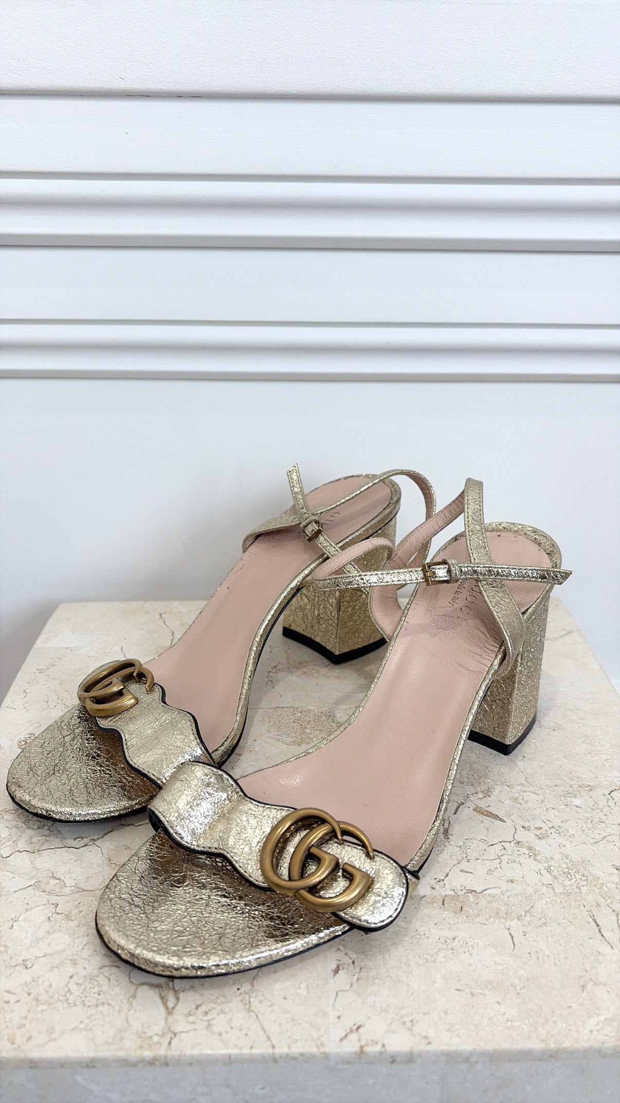 Gucci Gold Crinkled Leather Marmont Block Heels, 38.5