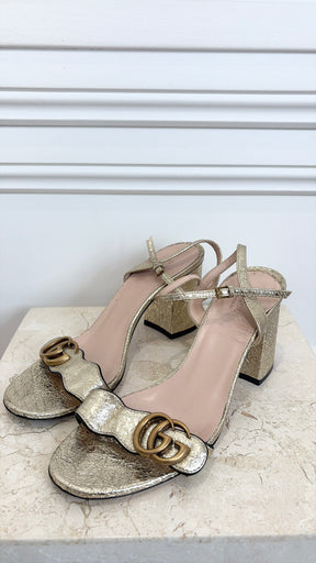 Gucci Gold Crinkled Leather Marmont Block Heels, 38.5
