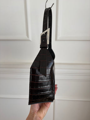 THE ATTICO Dark Brown Croc Embossed 7/7 Shoulder Bag