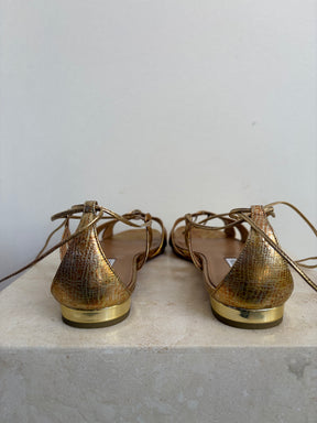 Aquazzura Gold and Bronze Metallic Ankle Tie Flats, 42
