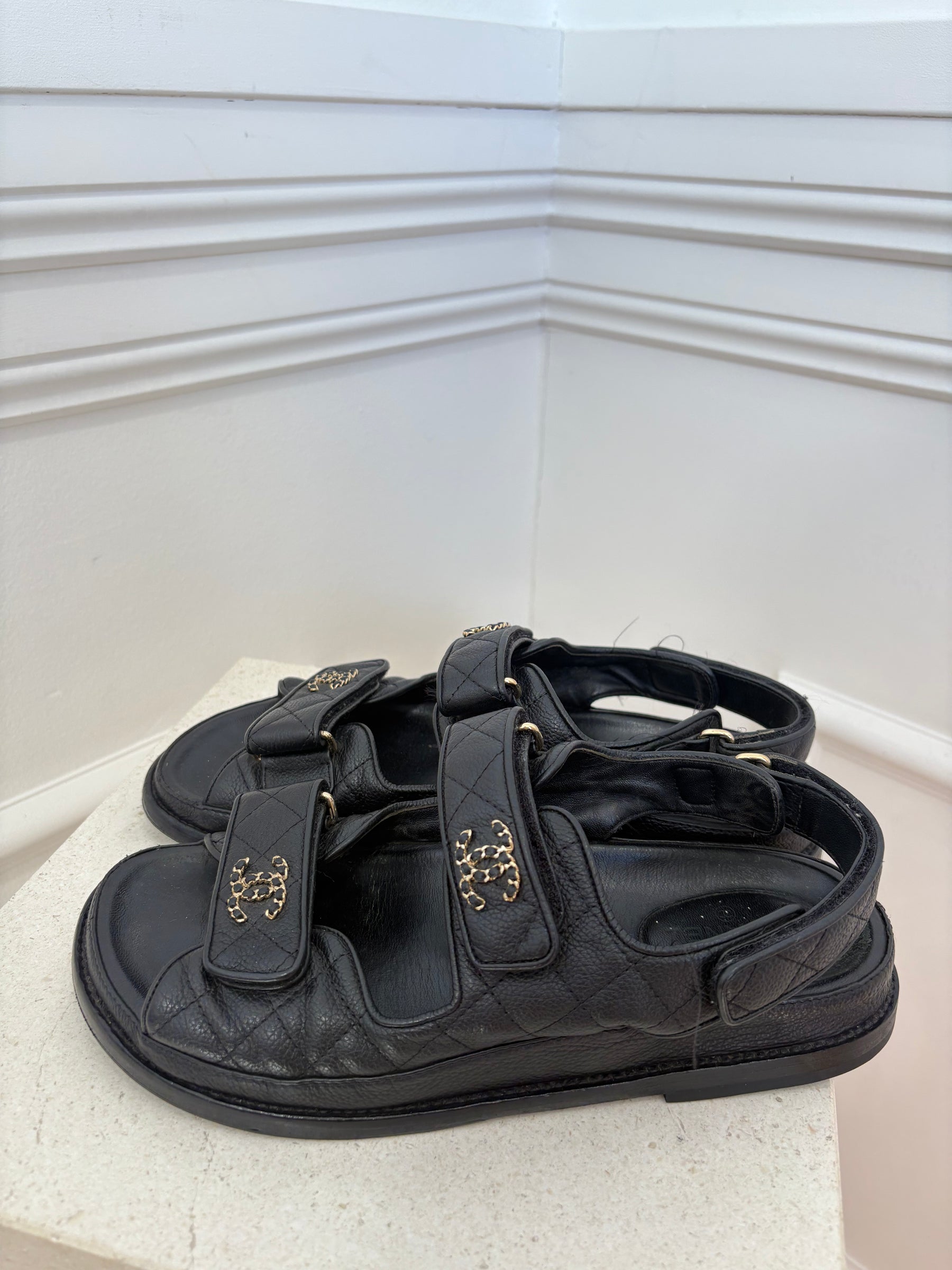Chanel Black Caviar Leather Dad Sandals, 39