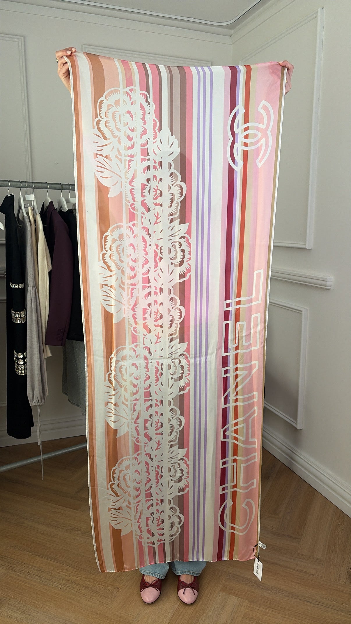 Chanel Pastel and White Silk Floral Logo Long Scarf