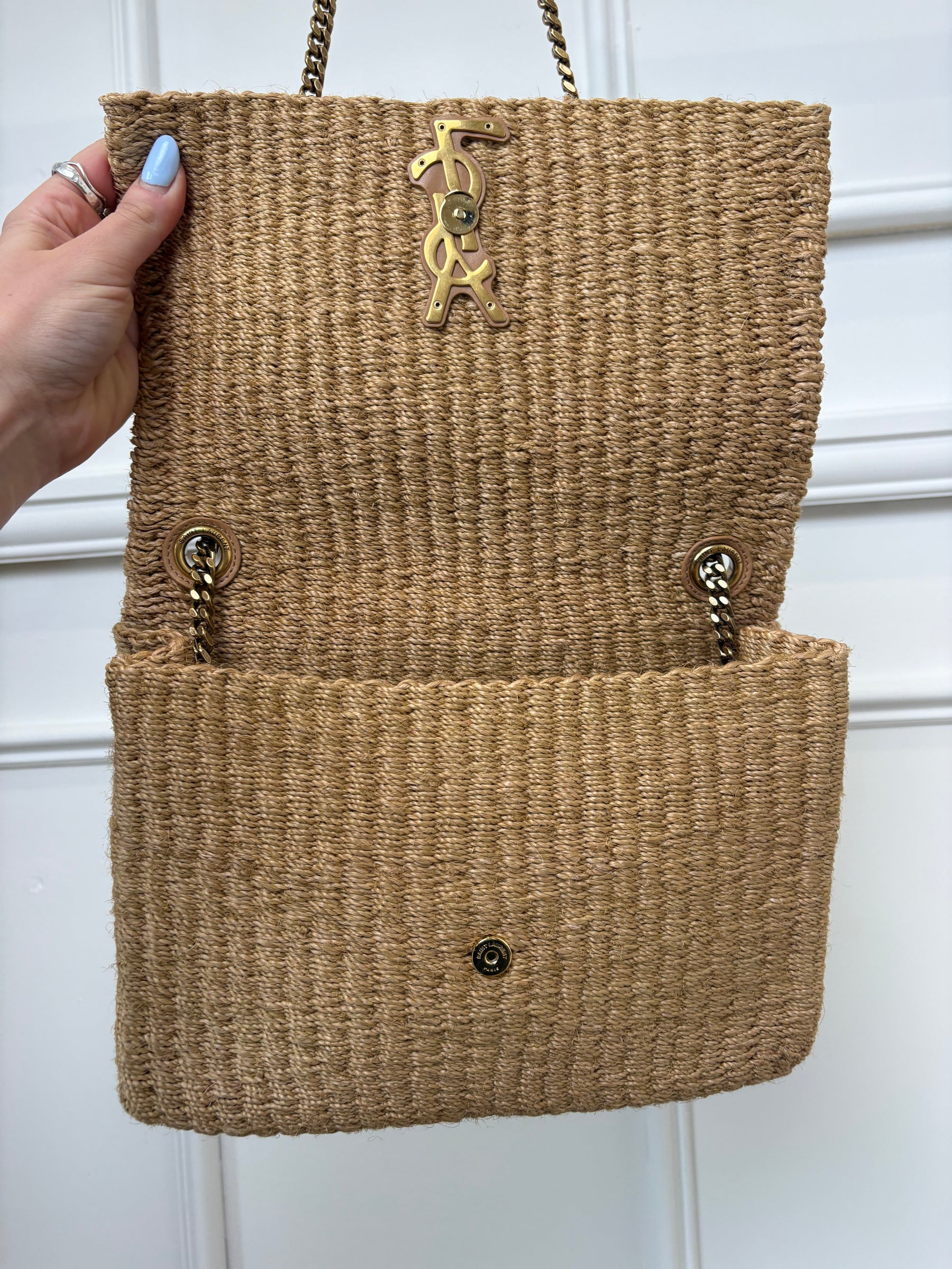 Saint Laurent Raffia Envelope Shoulder Bag Cassandre Logo Chain Strap