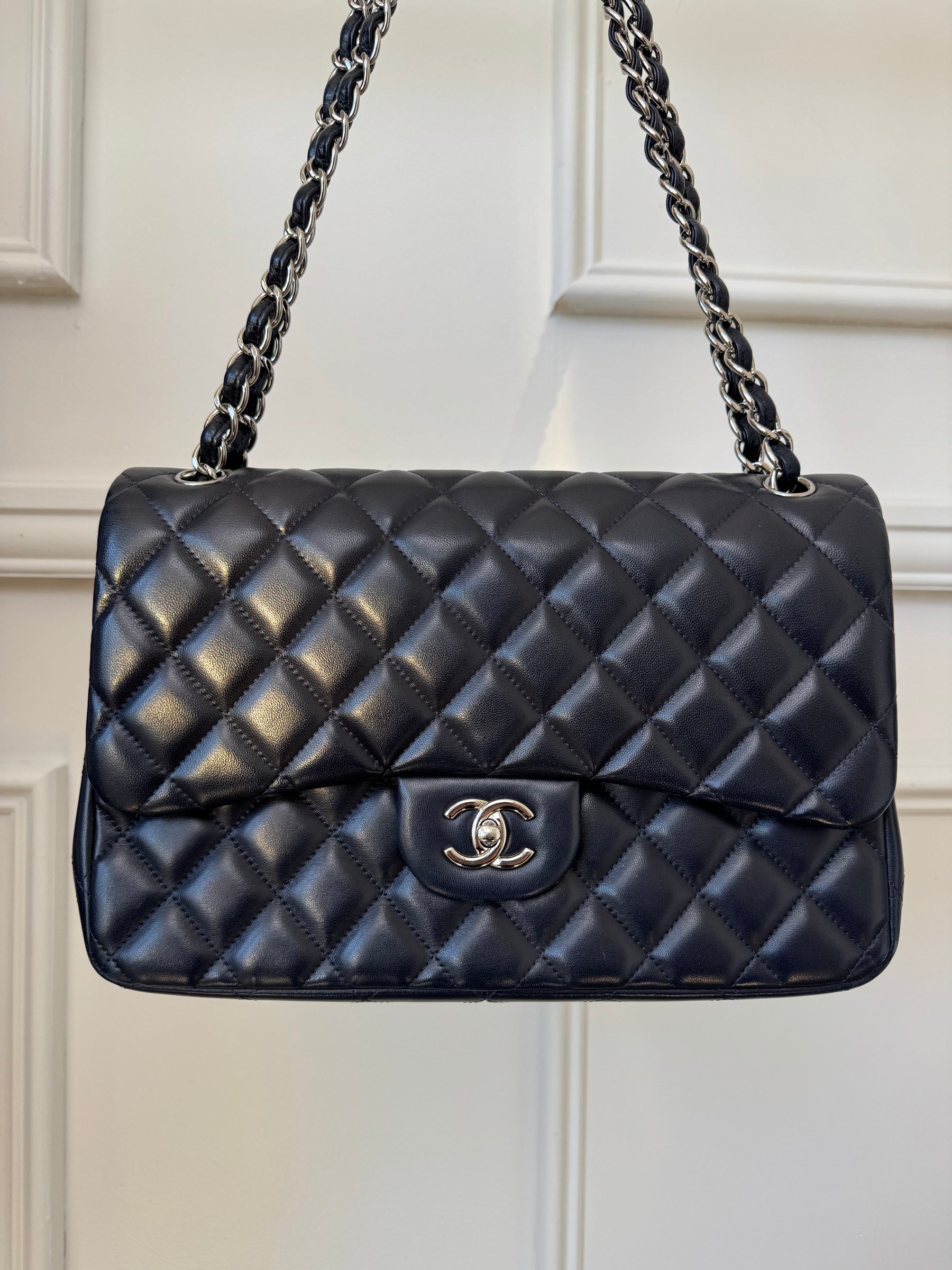 Chanel Navy Lambskin Leather Jumbo Double Flap with Silver Hardware