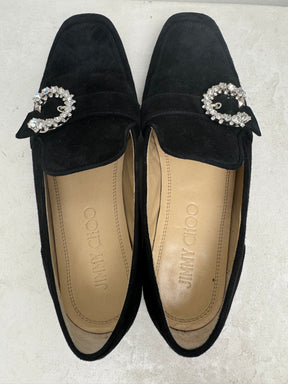 Jimmy Choo Black Suede Mani Loafers Crystal Detail, 39