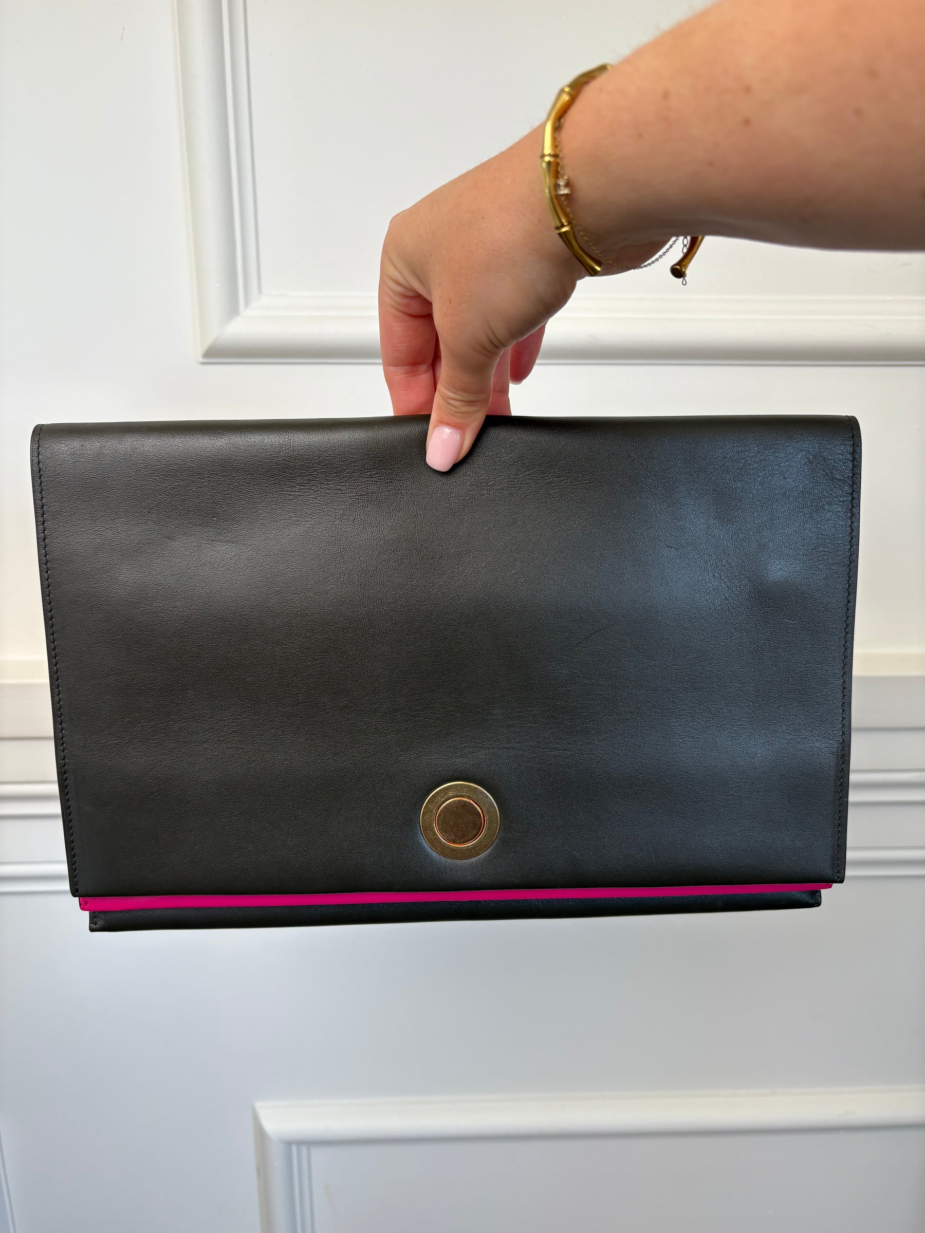 Celine Dark Khaki and Pink Leather Clutch