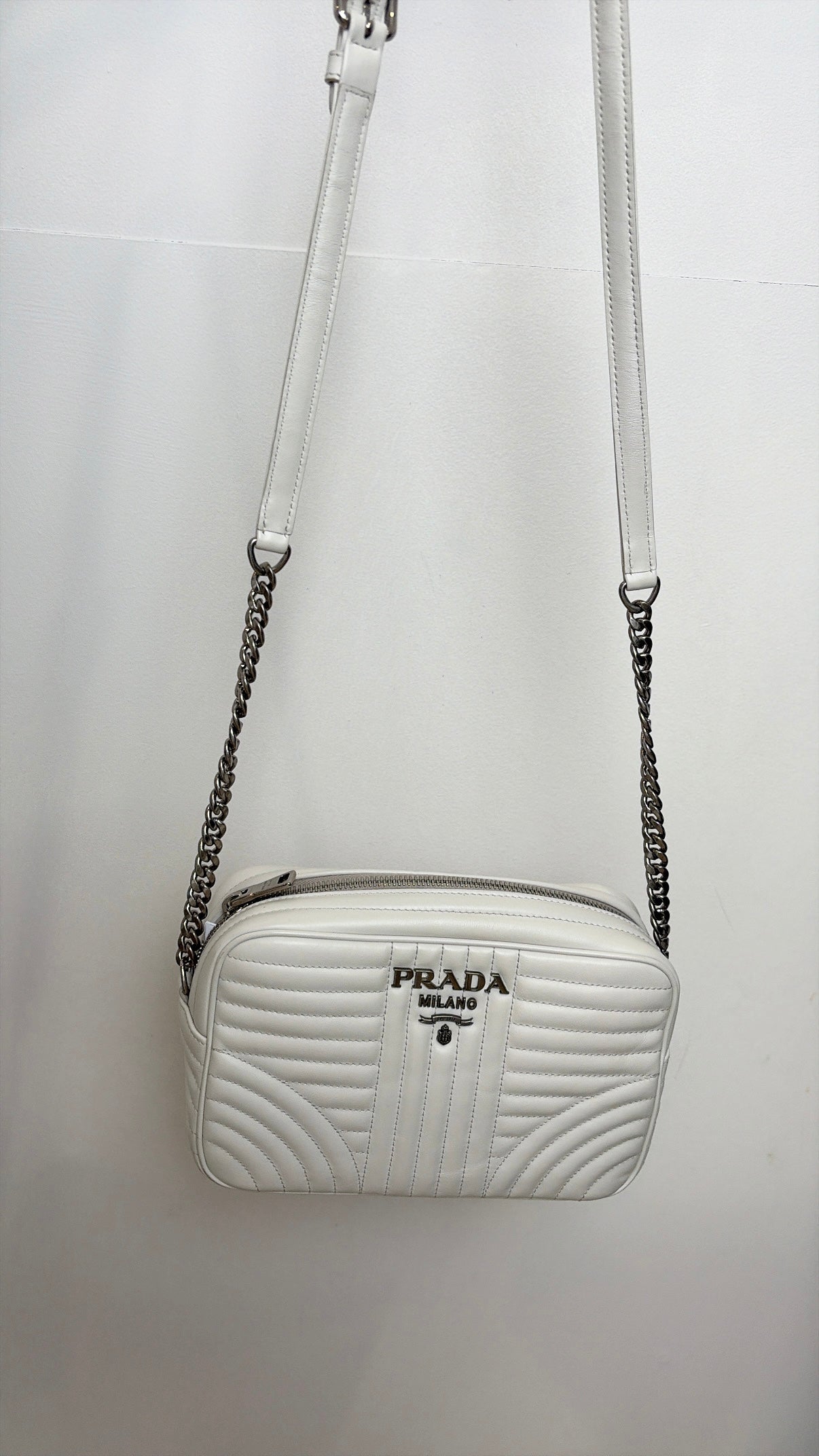 Prada White Leather Quilted Diagramme Camera Bag