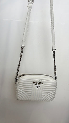 Prada White Leather Quilted Diagramme Camera Bag