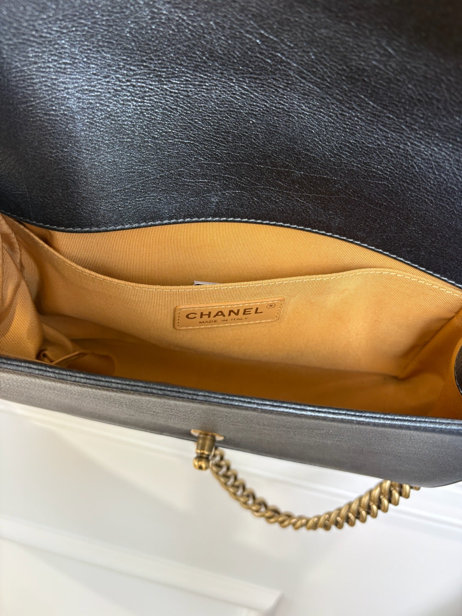 Chanel Charcoal Metallic Leather Old Medium Boy Bag