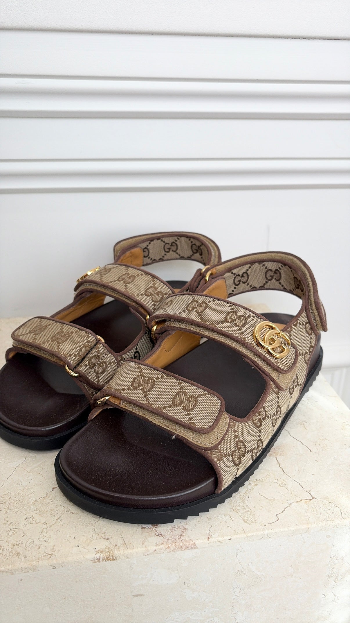 Gucci Monogram Canvas Marmont Dad Sandals, 38.5