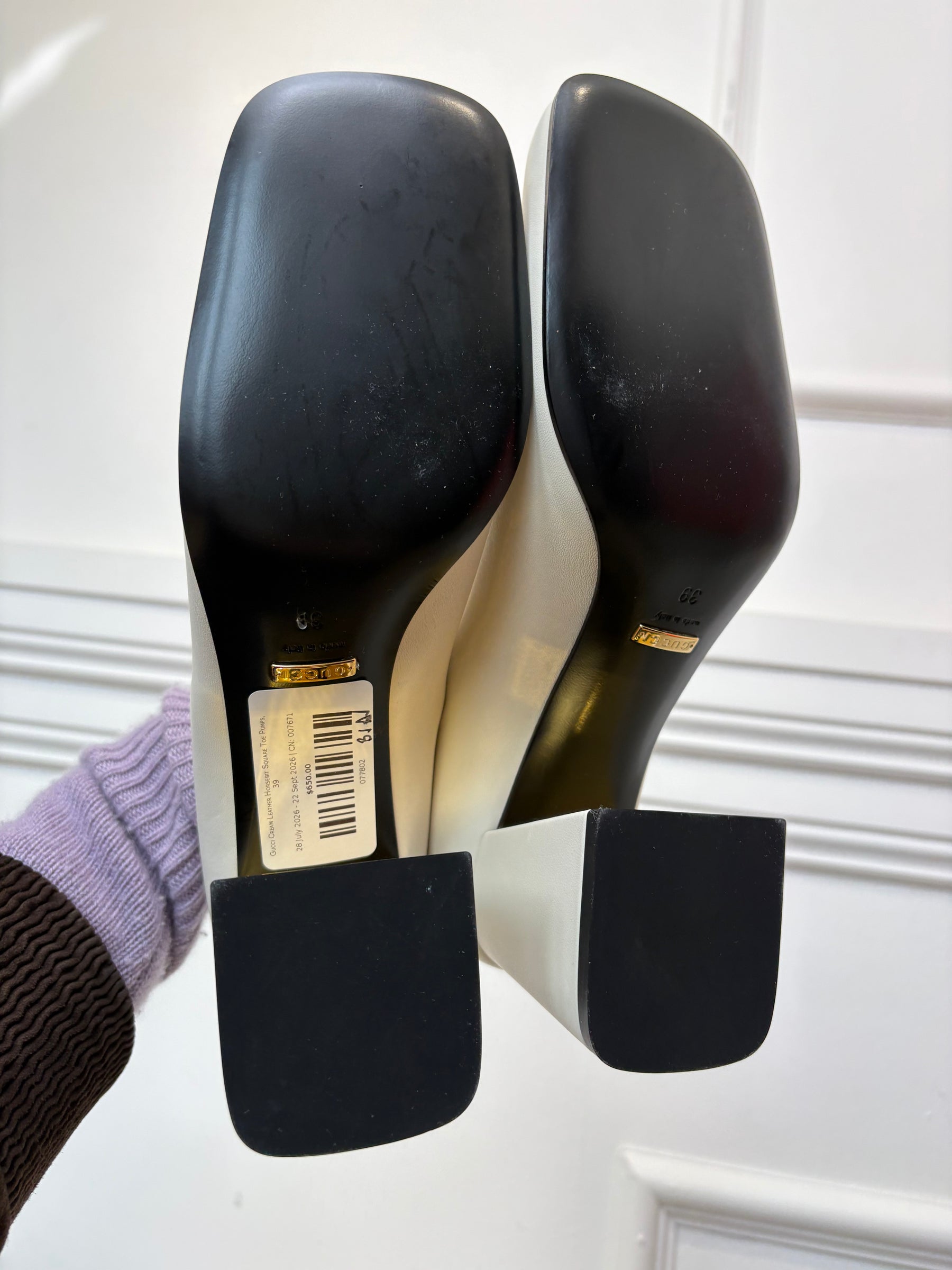 Gucci Cream Leather Horsebit Square Toe Pumps, 39