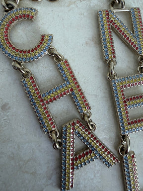 Chanel Champagne Chain Multi Crystal Logo Drop Necklace