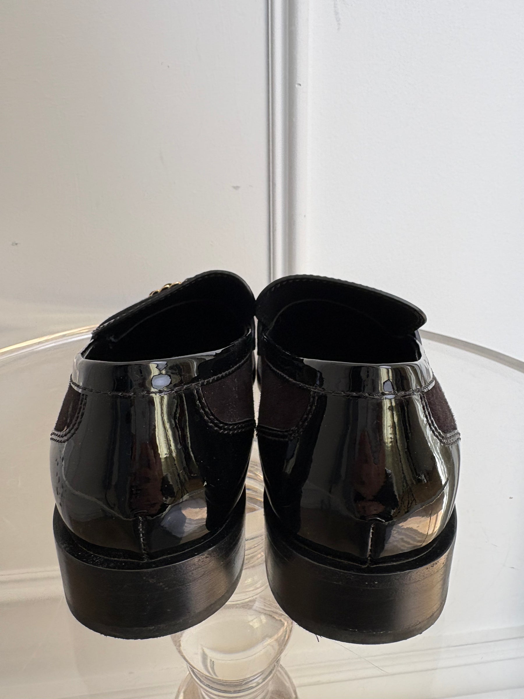 Chanel CC Black Patent And Suede Loafers, 39.5 C