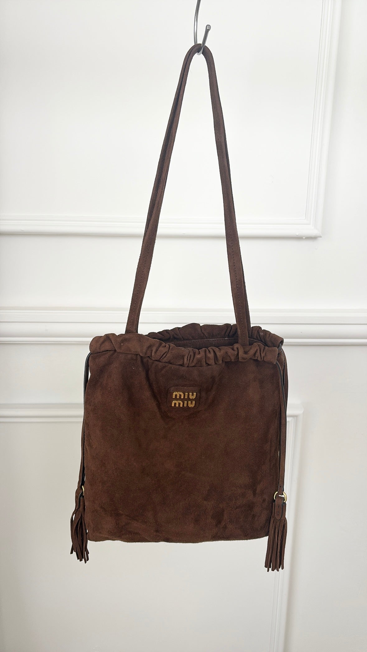 Miu Miu Suede Drawstring Bag In Chocolate