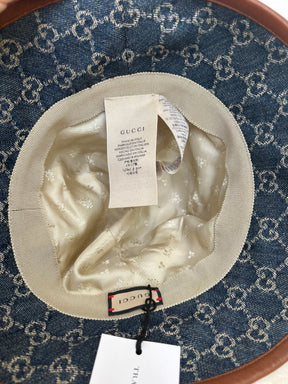 Gucci Indigo Monogram Denim Bucket Hat with Tan Leather Trim, 58
