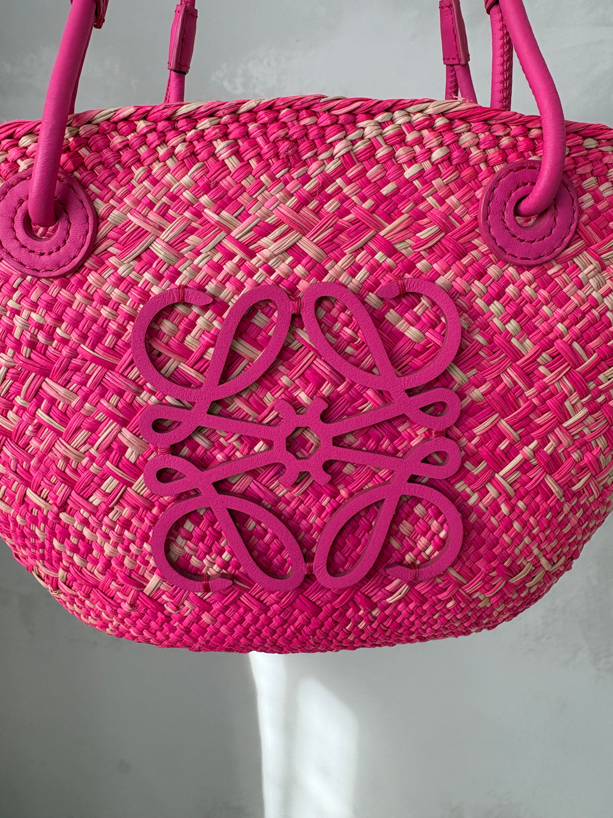 Loewe Pink Raffia Small Anagram Basket Bag