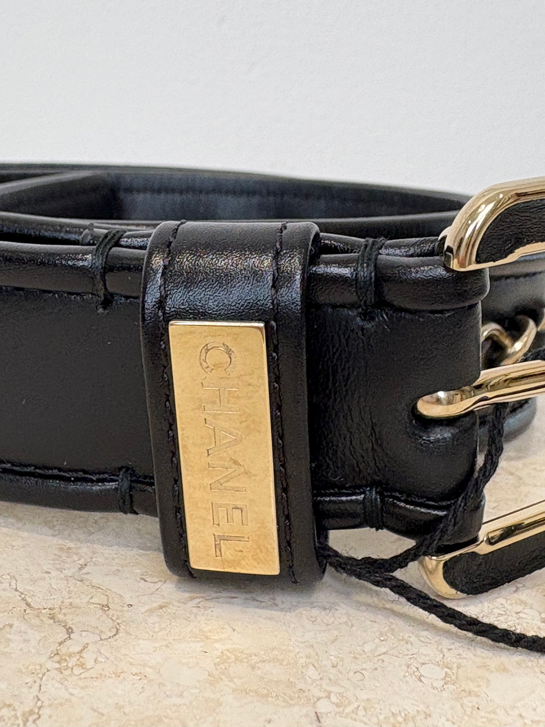Chanel Black Leather Champagne Chain Belt, 80