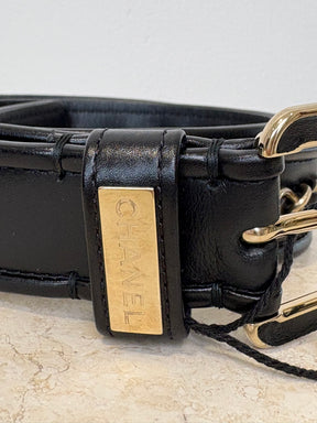 Chanel Black Leather Champagne Chain Belt, 80