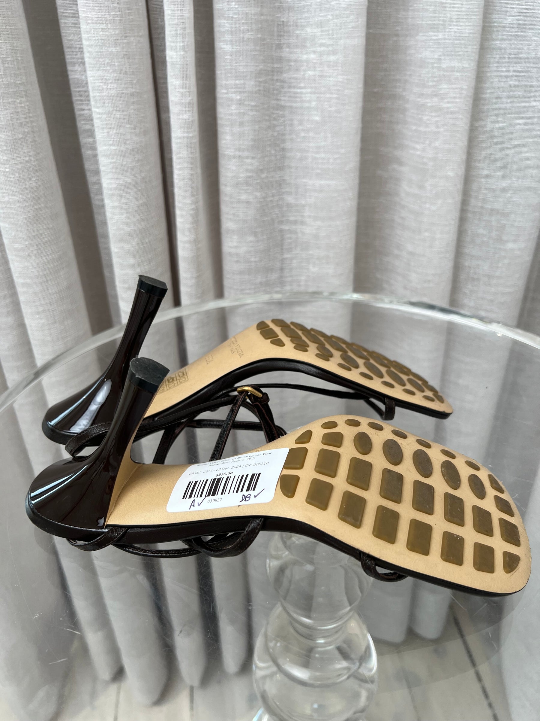 Bottega Veneta Chocolate Brown Leather Wrap Around Ankle Sandals, 39.5