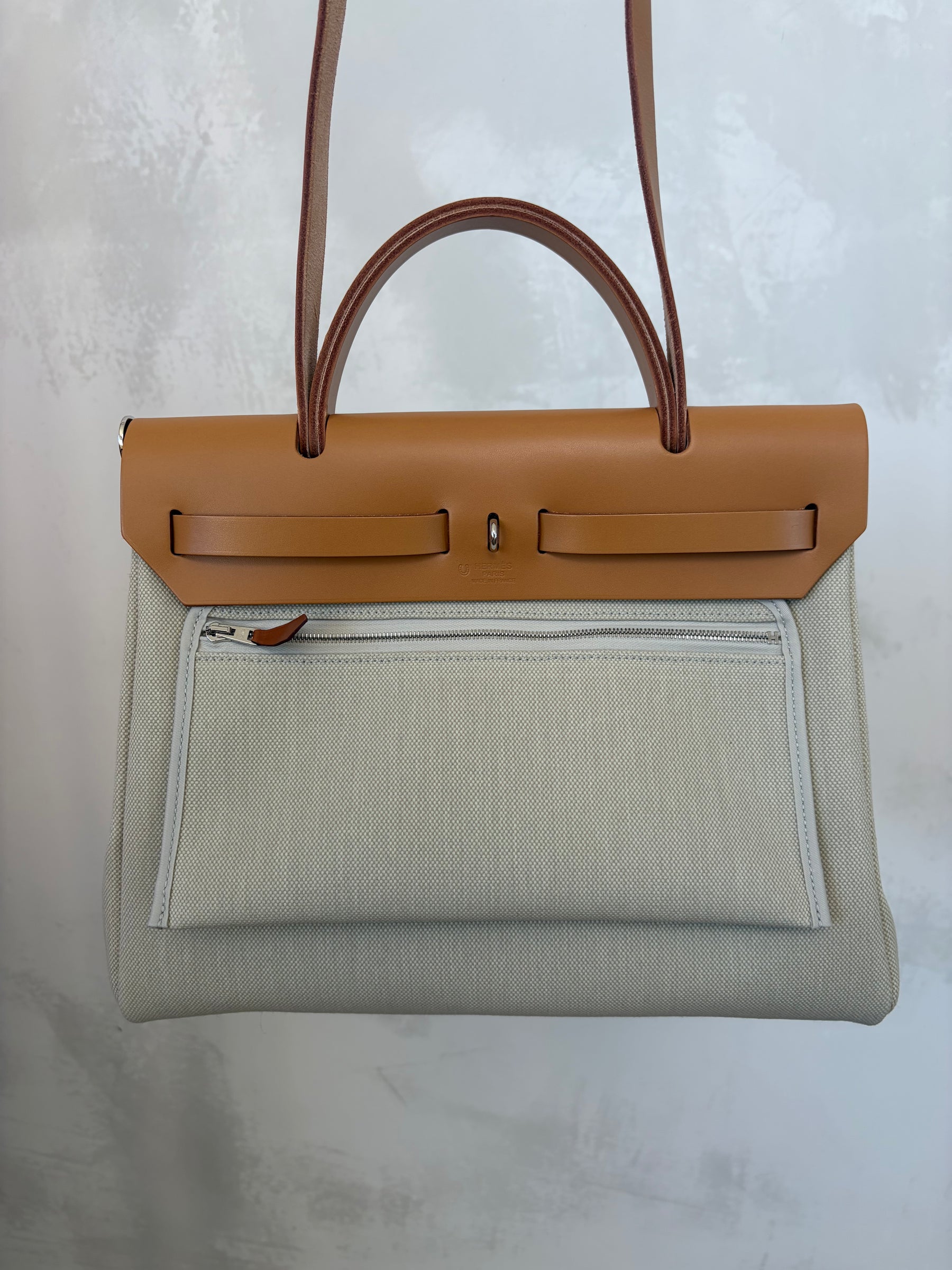 Hermès Special Order Herbag Zip Retourné 31 in Beton Canvas and Naturel-Sable Leather