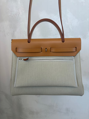Hermès Special Order Herbag Zip Retourné 31 in Beton Canvas and Naturel-Sable Leather