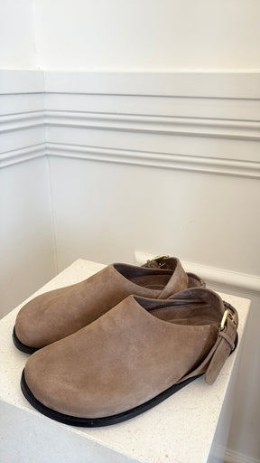 a.emery Taupe Suede Clogs, 37