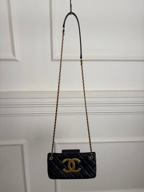 Chanel Black Leather Logo Clutch with Chain
