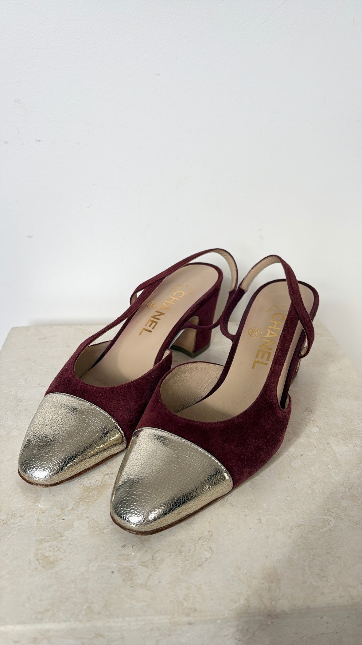 Chanel Burgundy Suede and Champagne Cap Slingbacks, 36 C