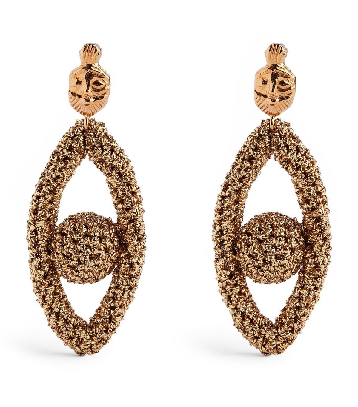 Lucy Folk Gold Metallic Crochet Oval Earrings