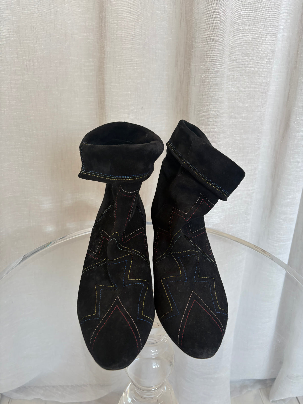 Isabel Marant Black Suede Multi Topstitch Heeled Ankle Boot, 40