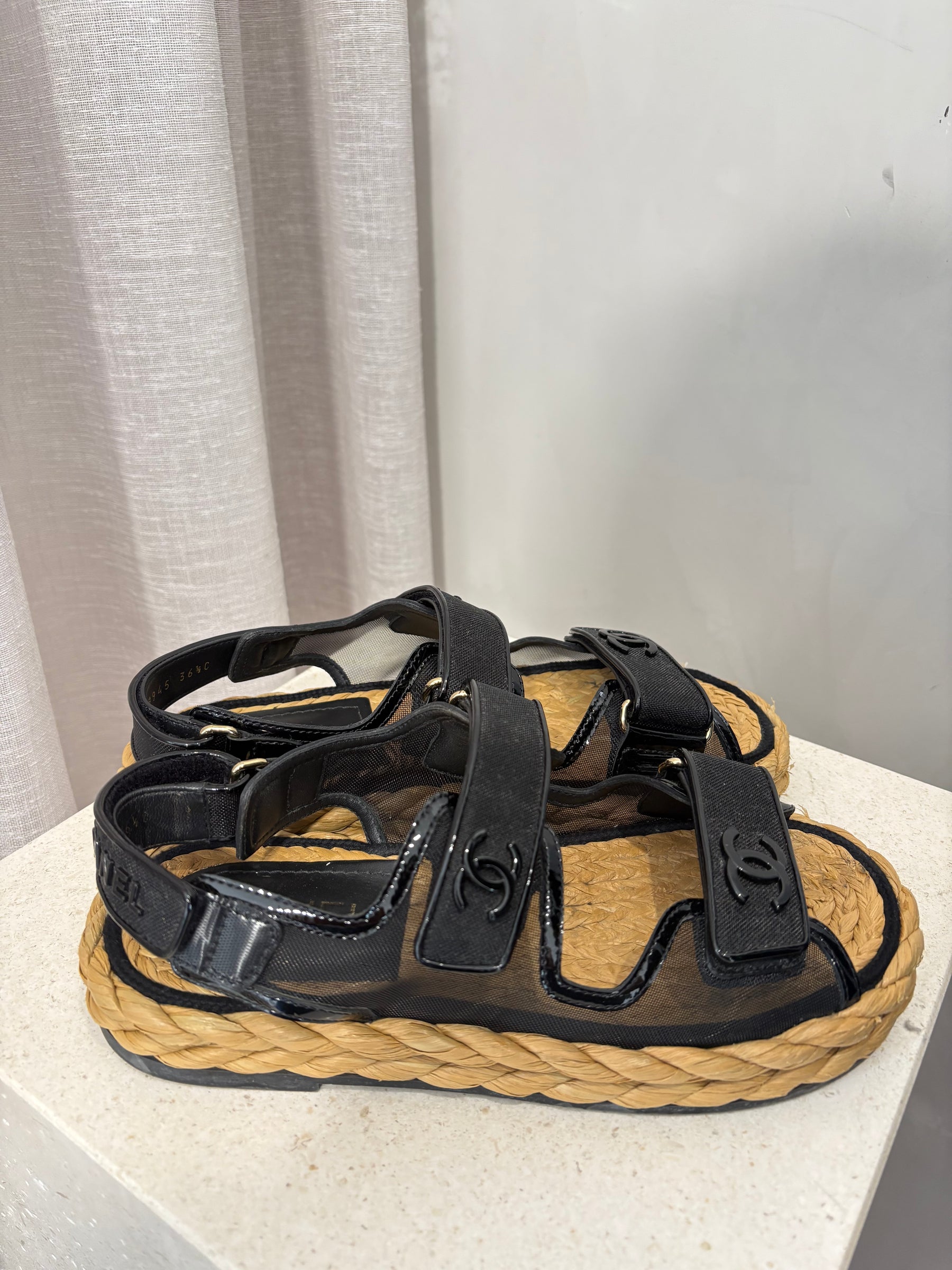Chanel Mesh And Patent Calfskin Black Dad Sandals, 36.5