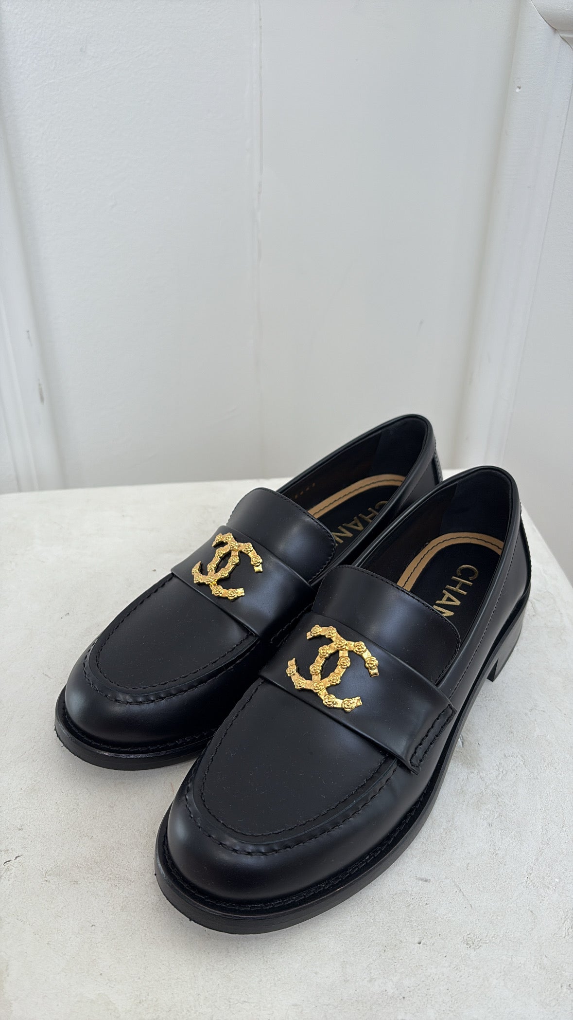 Chanel Black Leather Camelia CC Loafer, 37 C