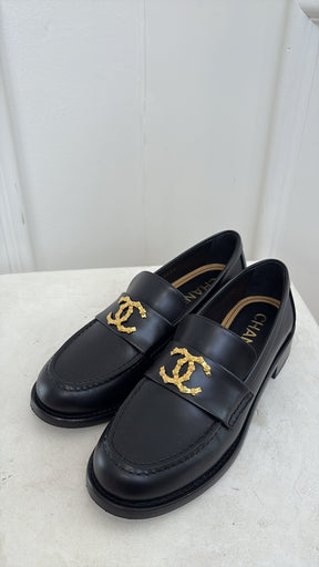 Chanel Black Leather Camelia CC Loafer, 37 C