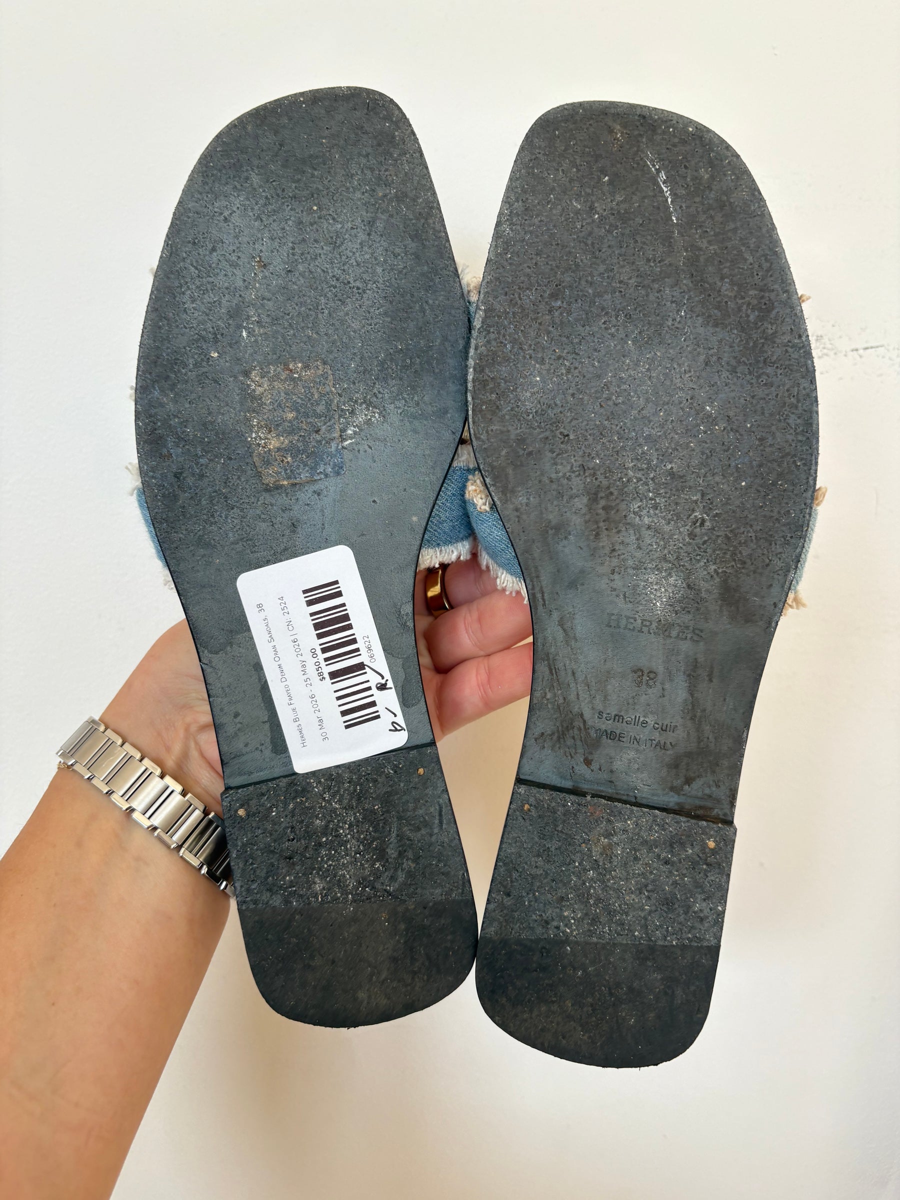 Hermès Blue Frayed Denim Oran Sandals, 38