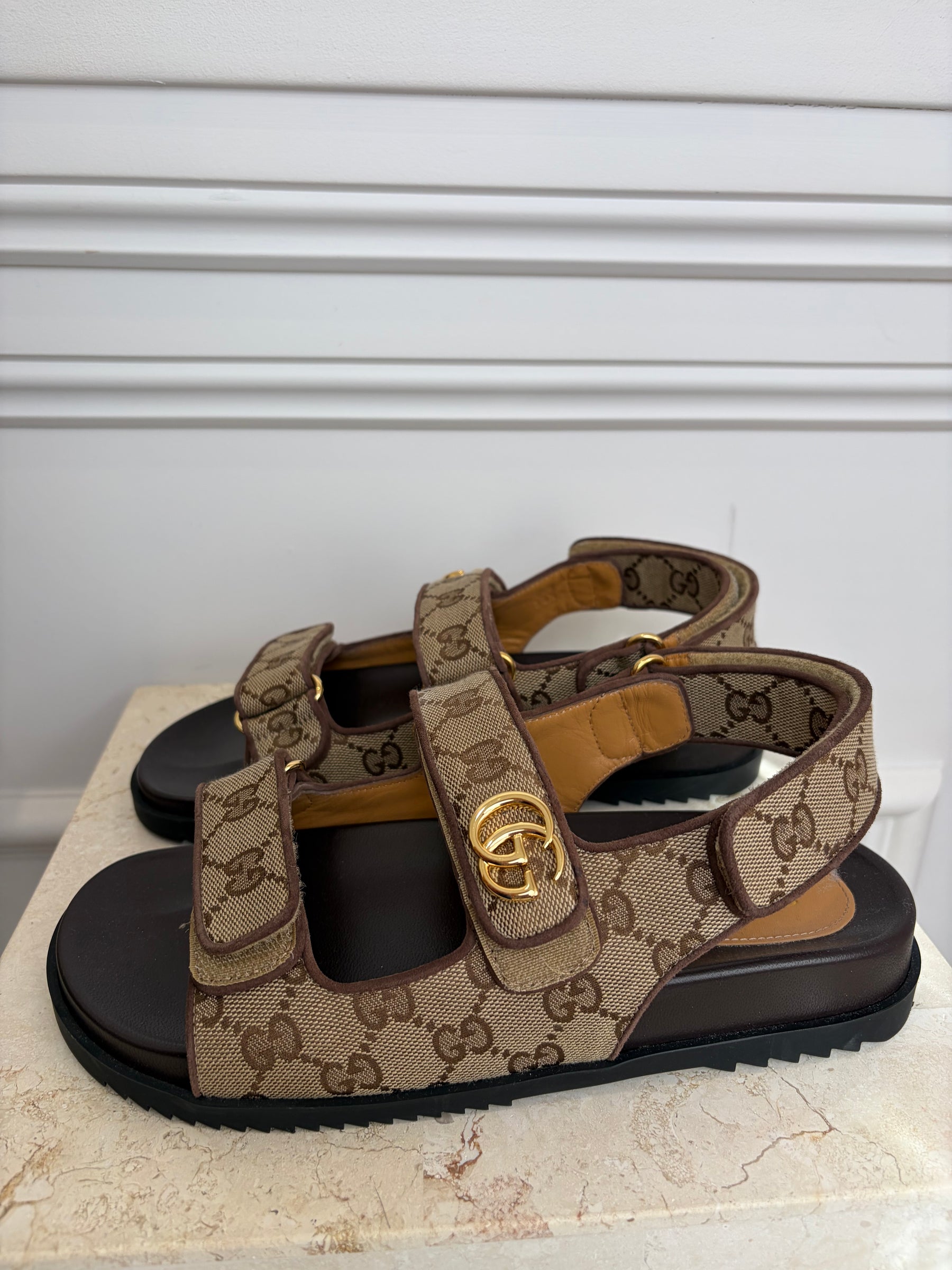 Gucci Monogram Canvas Marmont Dad Sandals, 38.5