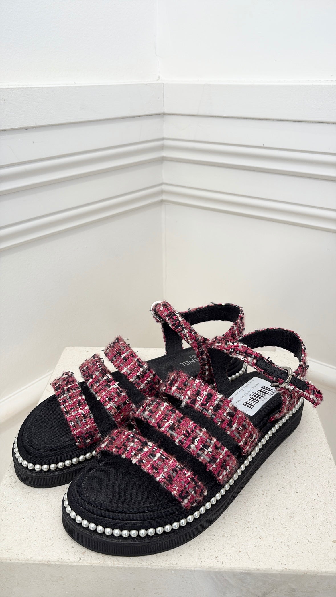 Chanel Black and Pink Tweed Pearl Detail Sandals, 38 C