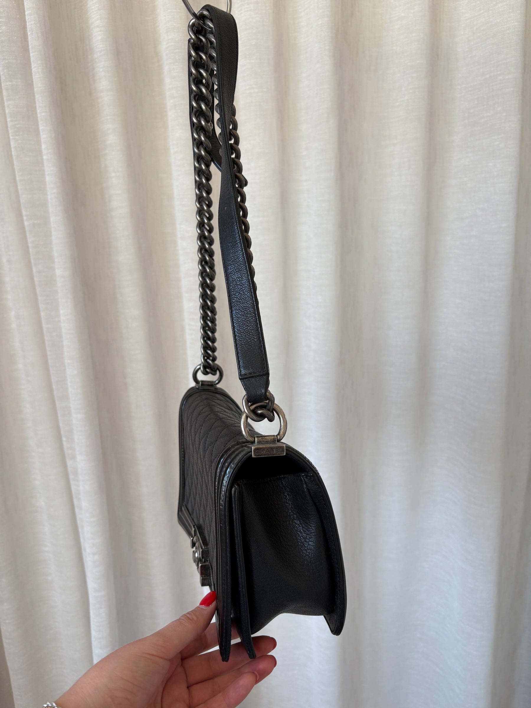 Chanel Black Patent Trim Grained Leather Medium Boy Bag