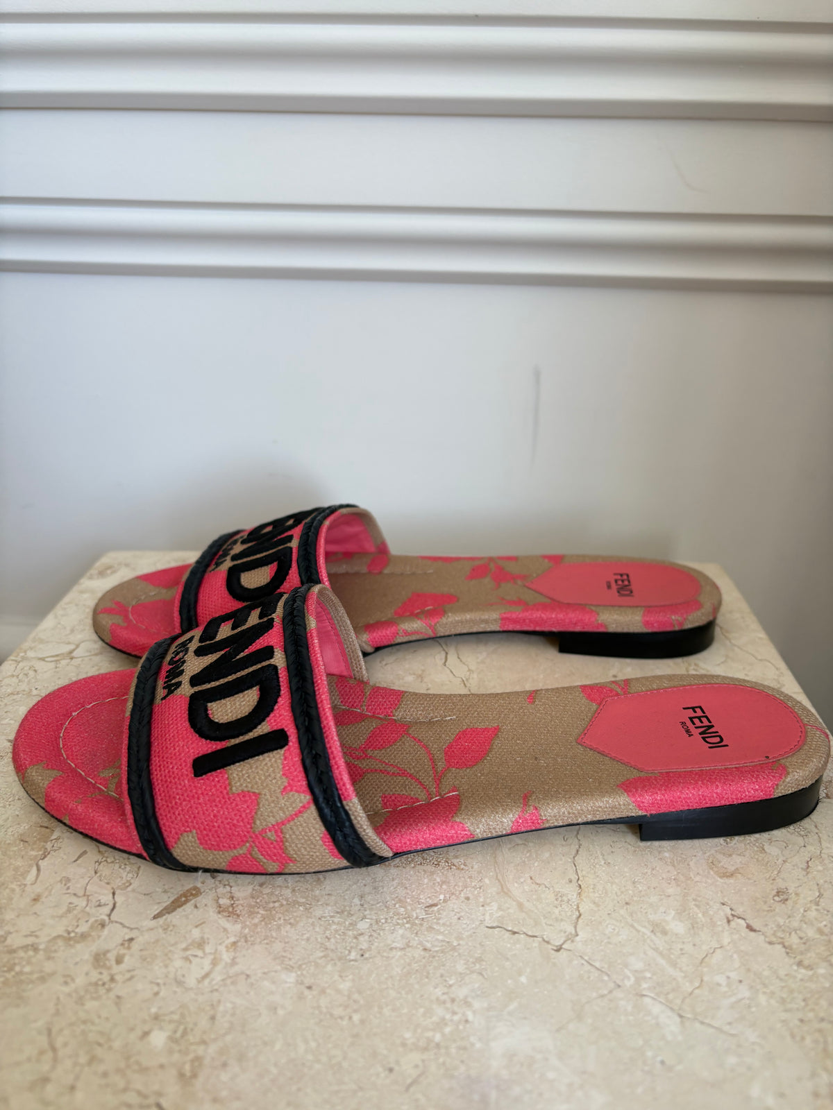 Fendi Pink Beige and Black Logo Slides, 37