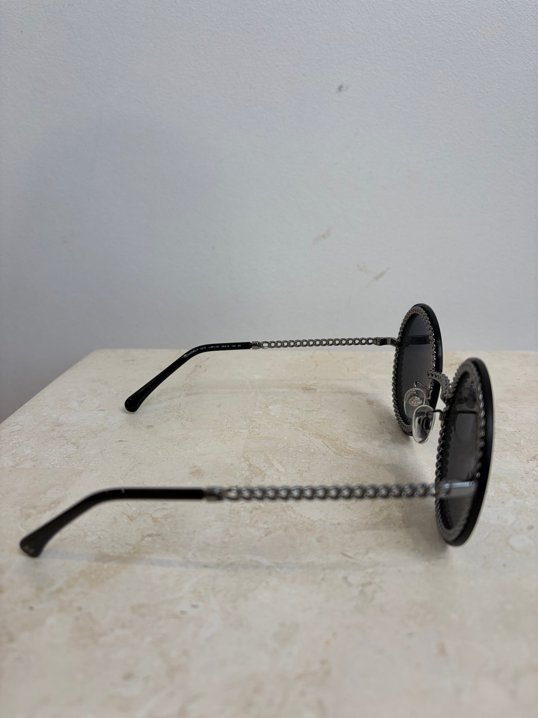 Chanel Black and Silver Chain Detail Round Sunglasses with Neck Chain