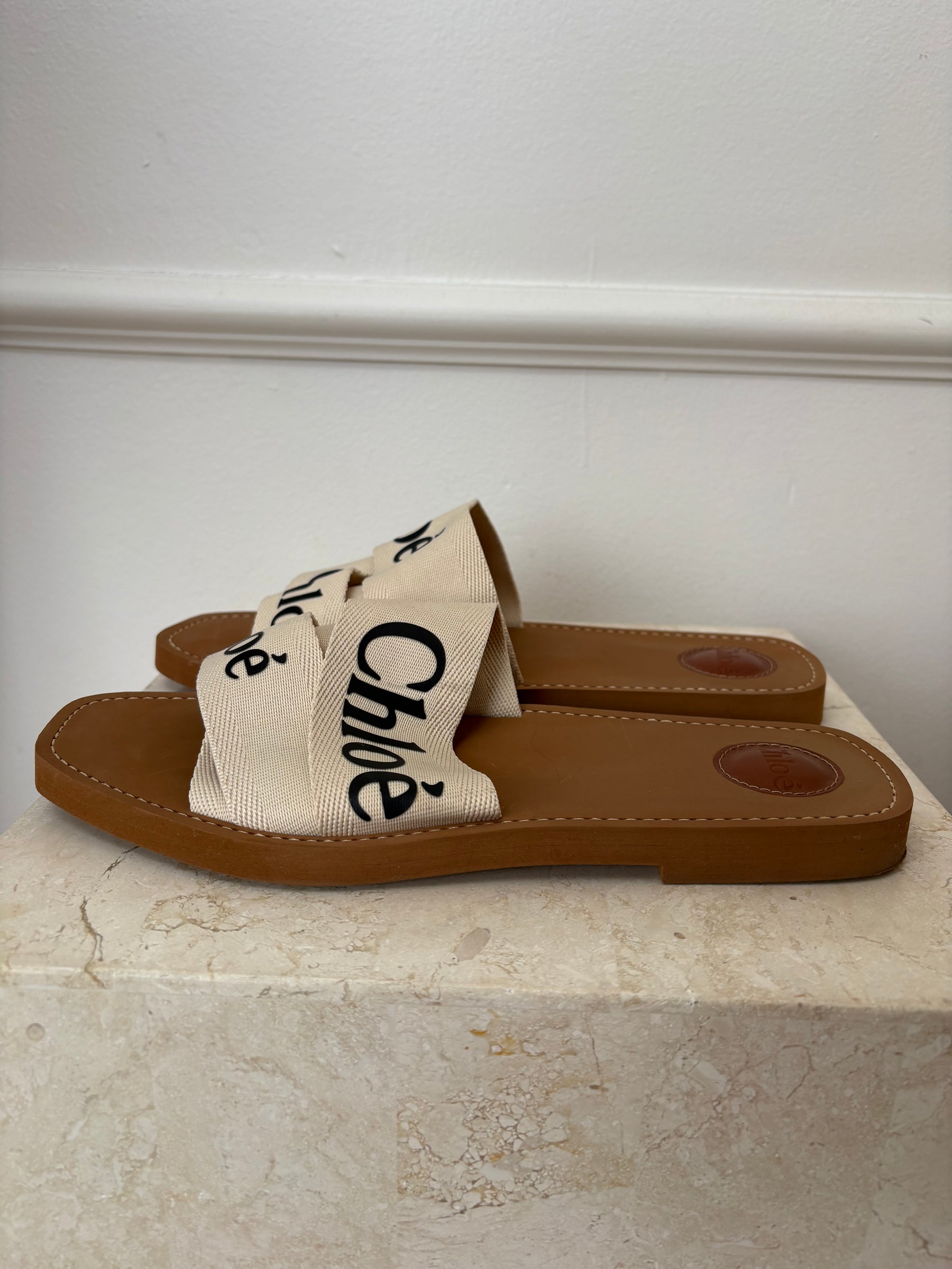 Chloé Cream Canvas Logo Woody Slides, 42