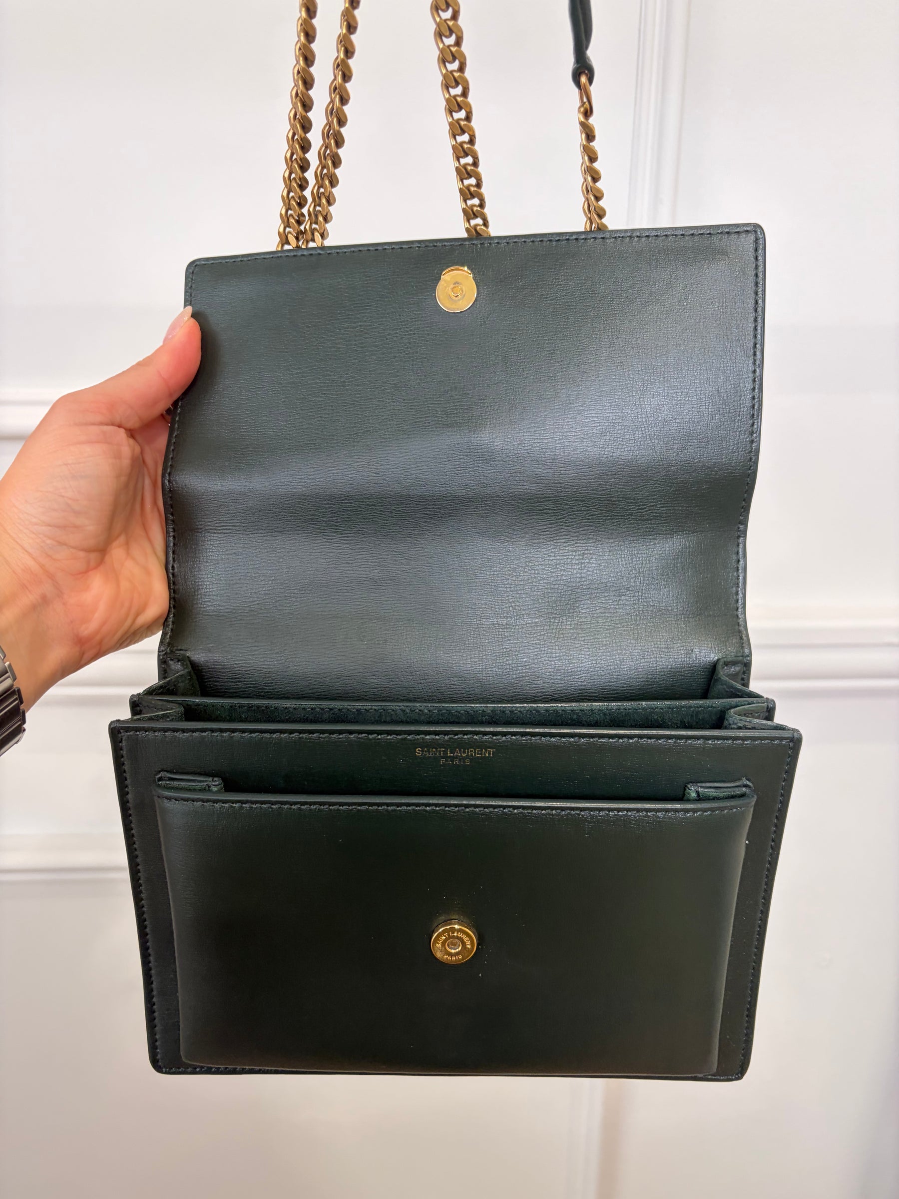 Saint Laurent Forest Green Sunset Bag Gold HW Medium